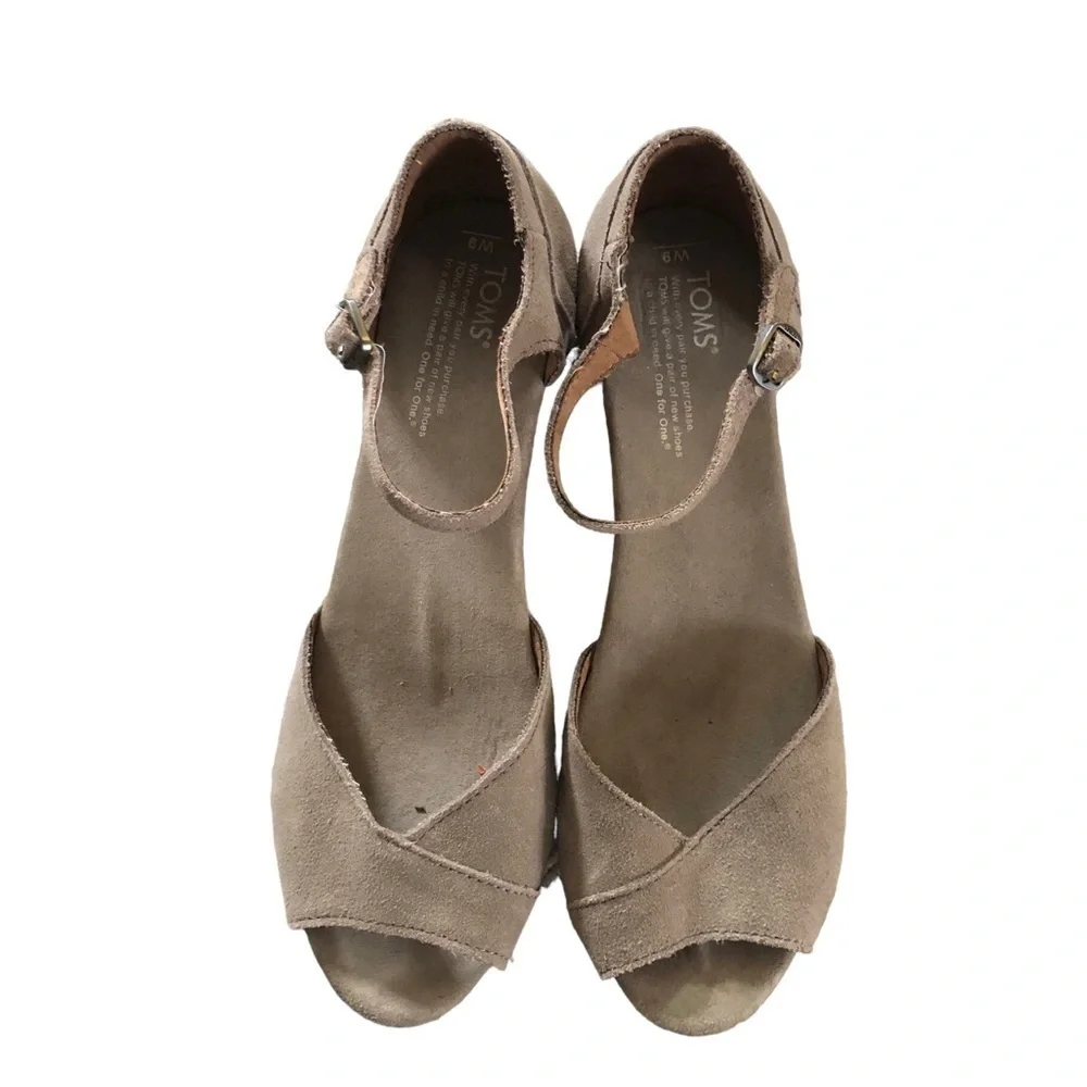 Toms Cork Wedge Suede Sandal Sz. W9 Taupe Ankle Strap Summer Casual Preppy
